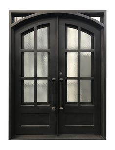 a black double door with glass panels