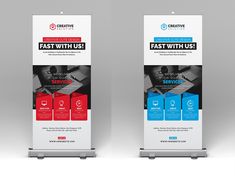 two roll up banners with the words fast with us in red, white and blue