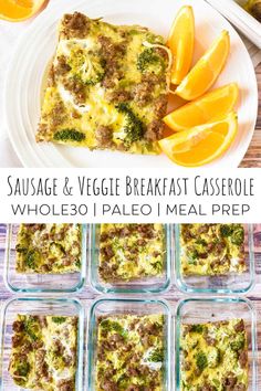 sausage and veggie breakfast casserole with orange slices