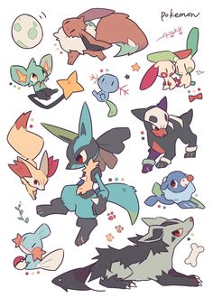 some very cute pokemons with different colors and sizes on their backs, all in different poses