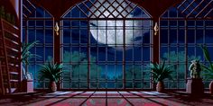 a room with large windows and plants in the center, on which there is a full moon