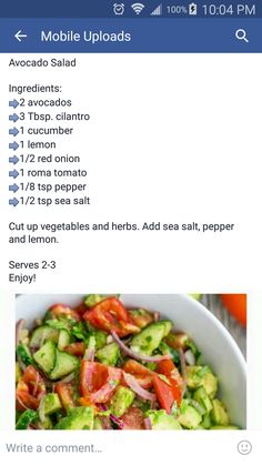 a salad with cucumbers, tomatoes and onions in it is shown on the menu