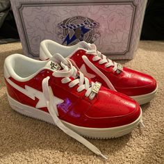 Good Condition Red And White Bapesta Sneakers Worn Twice. Bapeta Shoes, White Bapesta, Bapesta Sneakers, Bape Shoes, Custom Sneakers Diy, Custom Air Force 1, Custom Sneakers, Mens Shoes Sneakers, Air Force