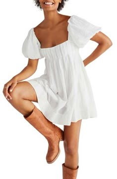 A crisscross tie-back closure adds allure to the open back of a cotton dress with a crinkled texture for added dimension. 33" length (size Medium) Square neck Short sleeves 100% cotton Machine wash, line dry Imported White Float Dress, White Long Dresses Casual, White Dress Medium Length, Free People Babydoll Dress, Altard State White Dress, Nashville Dresses Cowboy Boots, Senior Photo Dresses, White Brunch Dress, White Dress Senior Pictures