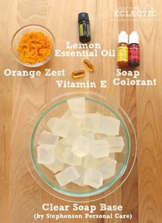 the ingredients to make an orange zest, vitamin and colgant soap recipe