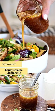 someone pouring dressing into a salad in a bowl