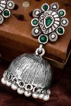 Buy Women's Oxidized Jhumka Earrings in Silver and Green Green Danglers For Party And Festive Occasions, Green Danglers For Party And Festivals, Bohemian Jhumkas For Party, Green Latkan Earrings For Party, Green Earrings With Latkans For Party, Bohemian Jhumkas For Festive Party Occasions, Bohemian Jhumkas For Festive Party, Silver Danglers For Navratri Party, Silver Danglers For Party And Navratri