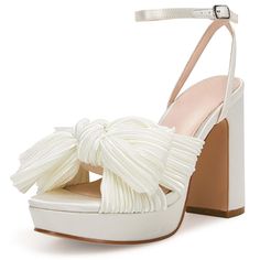 PRICES MAY VARY. ❤ [Measure]: Pleated bow heel sandals heel height approximately 4.13 inches(105mm), platform height approximately 0.98 inches(25mm). ❤ [Feature]: Pleated bow knot heels, Elevated platform, Adjustable ankle buckle strap, Skin Friendly fabric, Padded footbed, Open toe, Chunky Block heel shoes, Bridal wedding heels. ❤ [Comfort]: Designed with the soft padded insole and an adjustable buckled strap, these chunky heel ankle strap sandals provide cushion and comfort with a secure fit f Bridal Wedding Shoes, Bridal Wedding Dress, Wedding Dress Shoes, Bow Heels, Block Heel Shoes, Wedding Sandals, Bow Knot, Chunky Block Heels, Platform Sandals Heels