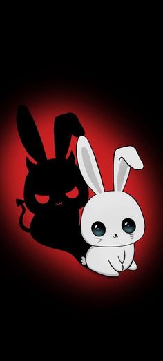 an image of a rabbit and a cat on a black background with red light behind it