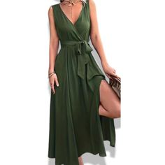 New V Neck Solid Tie Front Trapeze Bohemian Long Maxi Wrap Waist Army Forest Green Size Women's Small(4) Never Worn! Does Not Include Original Tags Comes From A Pet Free And Smoke Free Home Long Maxi, Forest Green, Forest, V Neck, Pet, Tags, Green, Women Shopping, Color