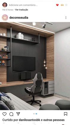 an instagram photo of a living room with a chair and entertainment center in the corner