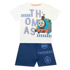 Kids Thomas and Friends T-Shirt and Shorts Set. Choo-choo-choose this summer outfit for your Thomas fan and they'll be on track for a great day! Made from sustainable cotton, this set includes a white short sleeved tshirt showcasing Thomas and matching navy shorts with an elasticated waist and 'Thomas' printed on the left leg. Essential daywear for fans of the iconic tv show Thomas & Friends! Size: 18M.  Color: Blue.  Gender: male. Cotton Short Set With Graphic Print Short Sleeve, Cotton Short Sleeve Set With Letter Print, Cotton Short Set With Letter Print, Cotton Short Set With Letter Print And Short Sleeves, Summer Playtime Crew Neck Sets, Summer Playtime Sets With Crew Neck, Blue Letter Print Sets For Playtime, Blue Letter Print Playtime Set, Short Sleeve Sets With Letter Print For Playtime