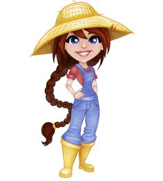 a cartoon girl wearing a yellow hat and overalls with her hair in a pony tail