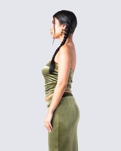 A summertime essential 😍 Put together the cutest fits with this olive green, strapless tube top made with velvet fabric. The type of top you can never go wrong with 💚 Green Tube Top Outfit, Velvet Tube Top, Tube Top Outfit, Green Tube Top, Fuzzy Skirt, White Corset Dress, Denim Pleated Skirt, Tube Top Outfits, Olive Green Velvet