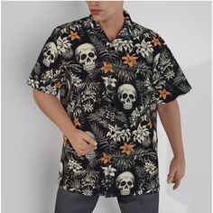 Halloween Skulls and Tropical Hawaiian Shirt   Classic Hawaiian shirt with a Roman collar, and comfortable and breathable light fabric, could provide cool and pleasant in hot summer. ● Fabric: Four-way stretch (95% polyester and 5% spandex) ● Regular fit; This product is nonelastic ● Short sleeve, lapel collar, button closure ● Fabric weight: 120g/m² ● Stitch Color: black or white, automatically matched based on patterns. ● Care Instruction: machine wash cold with similar colors, do not bleach, Black Camp Shirt For Summer Outdoor Activities, Black Summer Camp Shirt For Outdoor, Black Hawaiian Camp Shirt With All Over Print, Casual Black Hawaiian Shirt With All Over Print, Black Short Sleeve Hawaiian Shirt For Streetwear, Casual Black Hawaiian Shirt With Print, Short Sleeve Skull Print Beach Top, Skull Print Short Sleeve Beach Top, Casual Halloween Shirt With All Over Print