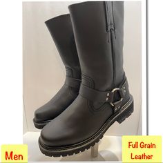 Brand New Sizes Available Boots Are Wide Width 6,6.5,7,7.5,8,8.5,9,9.5,10,10.5,11,11.5,12,13,14 Men’s Black Full Grain Leather Engineer Biker Pull On Strap Buckle Winter Moto Boots With Reinforced Moc Toe, Leather Moto Boots With Reinforced Toe For Fall, Rugged Leather Motorcycle Boots, Leather Biker Boots With Steel Toe, Black Rugged Leather Mid-calf Boots, Leather Biker Waterproof Boots With Steel Toe, Winter Moto Boots With Leather Footbed And Moc Toe, Rugged Leather Work Boots For Motorcycling, Outdoor Black Leather Mid-calf Boots