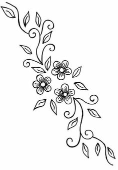 a drawing of flowers with leaves and swirls on the stems, in black ink