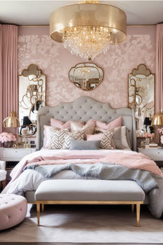 a bedroom decorated in pink and gold with an upholstered headboard, tufted foot stools, chandelier, mirrors, and bedding