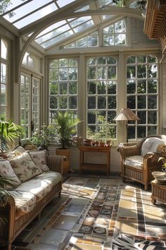 a sun room with couches, chairs and windows