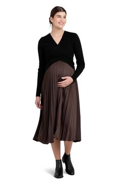 Keep your look perfectly polished with this cropped faux-wrap sweater fashioned with hidden panels for easy nursing access. Surplice V-neck Long sleeves 54% acrylic, 42% nylon, 4% elastane Hand wash, dry flat Imported High Skirt, Satin Pleated Skirt, Maternity Stores, Maternity Boutique, Nursing Sweater, Breastfeeding Clothes, Pleat Skirt, Stylish Maternity, Nursing Tops