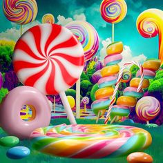 there are many colorful candy land with giant lollipops