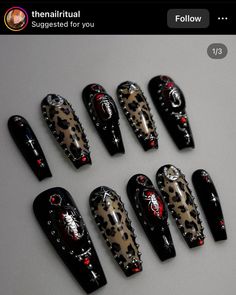 Emo Chrome Nails, Cheetah Halloween Nails, Mall Goth Nails, Nana Osaki Nails, Scene Queen Nails, Metalhead Nails, Gothic Nail Art Dark, Goth Nail Ideas, Scene Nails Emo