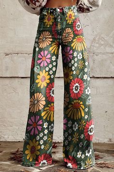 90s Fashion Plus Size, Flower Daisy, Casual Wide Leg Pants, Fall Fits, Daisy Print, Floral Pants, Shoes With Jeans, Women Pants Casual, Outfit Casual