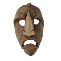 a wooden mask with an open mouth on a white background