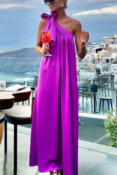 Beach Party Satin One Shoulder Bow Detail Loose Maxi Dress – roschic Organza Dresses, One Shoulder Dress Long, Rush Dresses, Loose Maxi Dress, Vacation Wear, Dress Bra, Maxi Dress Green, Going Out Dresses, Orange Dress