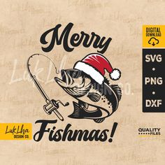 a christmas card with a fish wearing a santa hat and holding a fishing rod in it's mouth