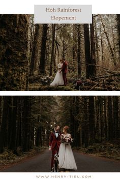 a couple standing next to each other in the middle of a forest with trees on both sides