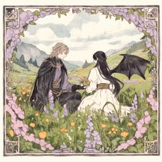 an image of a man and woman sitting in the grass with dragon wings on their shoulders