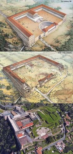 an aerial view of the great palace and its surrounding grounds, with two views of it