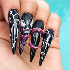 Venom Nails, Avengers Nails, Marvel Nails, Scary Nails, Halloween Nail Art Easy, Horror Nails, Holloween Nails, Nails Stickers, Jenny Slate