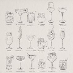 an old recipe book shows different types of cocktails and drinks in glasses, from the earliest to the mid - century