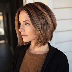 Shoulder Length Hair Shorter In Back, Chin Length Hair Side Part, Shoulder Length Bob Thick Hair, Mid Neck Length Hair With Layers, Brown Haircuts Medium, Medium Bob Haircuts For Thick Hair, Chin Length Brown Hair With Highlights, Versatile Haircut For Women, Flat Straight Hair Hairstyles