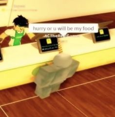 a cartoon character standing in front of a counter with food items on it and a sign that says hurry or u will be my food