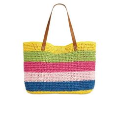 So Bright Now: Go From The Beach To Brunch In Fun, Colorful Style With I.N.C. International Concepts' Capacious Tote In A Sunny Striped Woven. Extra-Large Sized Bag; 20-1/2"W X 14-2/10"H X 4/10"D; .83 Lbs. Approx. Weight Silhouette Is Based Off 5'9" Model 9-1/10"L Double Handles Magnetic-Snap Closure Brass-Tone Exterior Hardware 1 Interior Zip Pocket & 2 Slip Pockets Laptop Compatible (Std. Size 13"-15") Created For Macy's Paper; Trim: Faux Leather Condition: Brand New With Original Retail Tag Casual Yellow Beach Bag, Casual Straw Shopping Bag For Spring, Yellow Casual Crochet Bag For Spring, Casual Yellow Crochet Bag For Spring, Casual Multicolor Shoulder Bag For Shopping, Casual Beach Bag For Shopping, Trendy Pink Beach Bag For Everyday, Trendy Pink Everyday Beach Bag, Casual Multicolor Beach Bag