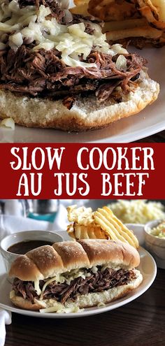 the slow cooker au jus beef sandwich is ready to be eaten