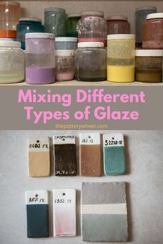 several different types of glaze are shown on the shelf