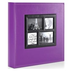 a purple photo frame with four pictures in it and the eiffel tower in the background