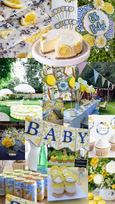 a collage of photos with lemons, cupcakes and baby shower decorations