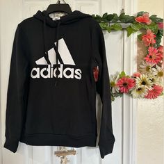 Brand New Adidas Hoodie X-Small. No Pockets. Black Sporty Hoodie For Spring, Adidas Casual Hoodie For Sports Season, Casual Adidas Hoodie For Winter, Black Sports Sweatshirt For Spring, Black Sweatshirt For Sports In Spring, Adidas Black Sweatshirt With Drawstring Hood, Adidas Sports Hoodie With Letter Print, Black Adidas Logo Fleece Hoodie, Adidas Black Hoodie For Spring