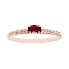 Featuring a fiery lab-created ruby center stone accented diamond side stones, this Boston Bay Diamonds stackable ring is perfect for those with a July birthday. Featuring a fiery lab-created ruby center stone accented diamond side stones, this Boston Bay Diamonds stackable ring is perfect for those with a July birthday. Width: 3 mm Metal: 10k rose gold Finish: polished Packaging: boxedSTONE DETAILS Stone type: lab-created ruby Center stone weight: 1/4 ct. Center stone size: 5 mm x 3 mm Shape: ov Stackable Birthstone Rings, Oval Setting, Multiple Rings, Statement Rings Diamond, Birthstone Rings, Statement Fashion, July Birthday, Right Hand Rings, Fine Jewelry Designers