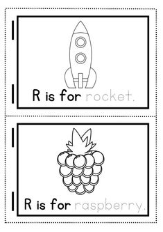 two worksheets with the words r is for rocket and raspberry on them