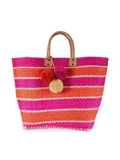 Pink Beach Bag, Handbag Collection, Pink Beach, Straw Bags, Pink Summer, Crochet Jewelry, Open Top, Pom Poms