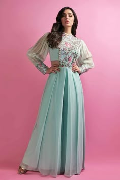 Buy Blue Satin Silk And Georgette Lining Shantoon Embellishment Jumpsuit For Women by Suruchi Parakh Online at Aza Fashions.