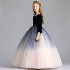 Modest / Simple Navy Blue Gradient-Color Champagne Flower Girl Dresses 2019 A-Line / Princess Scoop Neck 3/4 Sleeve Floor-Length / Long Ruffle Wedding Party Dresses Elegant Long Sleeve Ball Gown For Dress-up, Blue Tulle Princess Dress With Long Sleeves, Blue Long Sleeve Tulle Princess Dress, Blue Long Sleeve Ball Gown For Prom, Long Sleeve Blue Ball Gown For Prom, Spring Fitted Long Sleeve Ball Gown, Blue 3/4 Sleeve Wedding Dress, Blue Long Sleeve Princess Dress For Spring, Spring Blue Gown For Dress-up