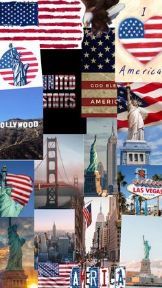 an american flag collage with the statue of liberty in the background and other images