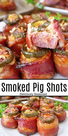 A double photo collage of pig shots lined up on a white plate. Smoked Pig Shots, Pig Shots, The Best Appetizers, Sausage Bites, Pellet Grill Recipes, Smoked Cooking, Football Food